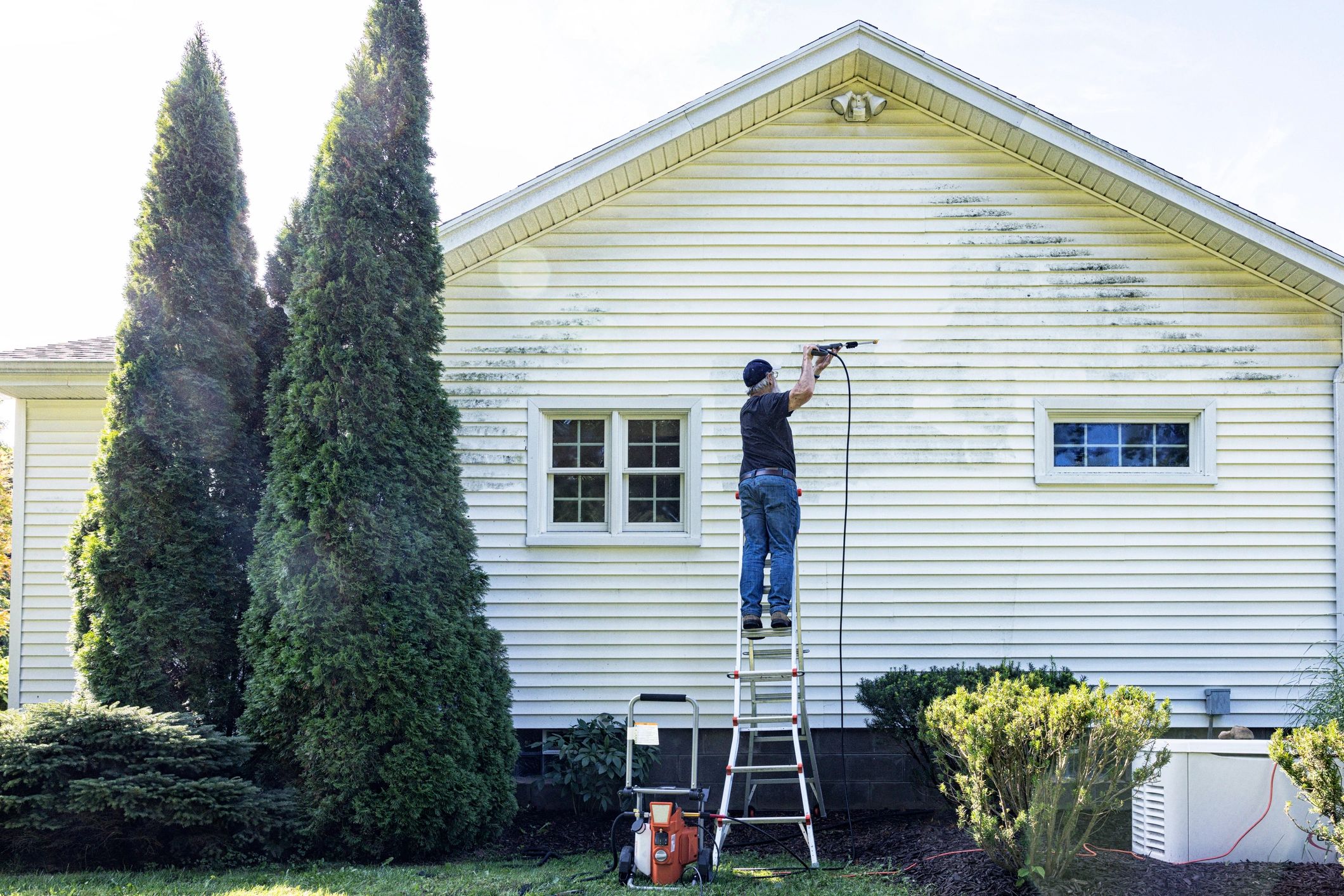 Window cleaning technician on ladder serving Tampa Bay FL